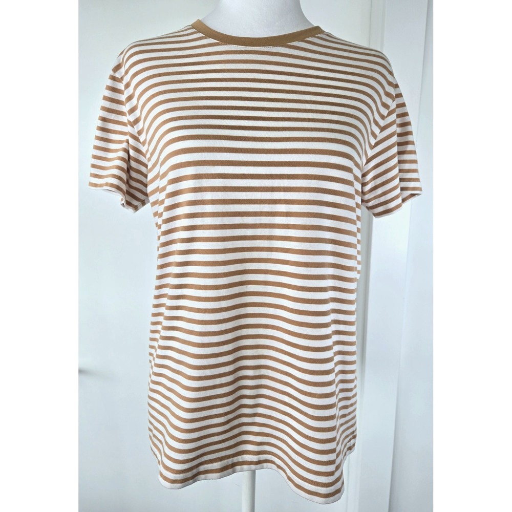Muji Stripped Boxy T Shirt Women Sz L Unisex Brown White Minimalist Quiet Lux